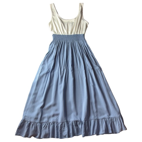 Blue & Ivory Smocked Waist Midi Dress | Flowy Summer Dress | Size Small - Picture 2 of 6